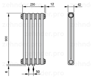 Схема (чертеж) Радиатор Zehnder Charleston 2090/5 №3470 Белый глянцевый RAL 9016